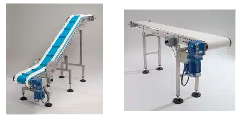 Power Belt Conveyor from the Sanitary Series, featuring modular design, blue manual clean belt, and adjustable height for efficient baked goods handling in industrial settings.