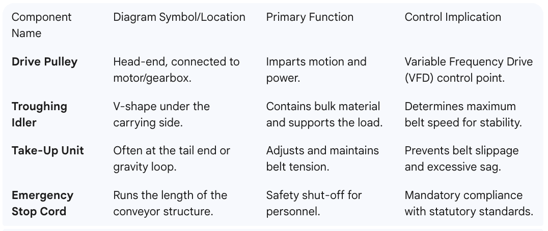 Conveyor System Belt Conveyor, Component NameDiagram Symbol/LocationPrimary FunctionControl ImplicationDrive PulleyHead-end, connected to motor/gearbox.Imparts motion and power.Variable Frequency Drive (VFD) control point.Troughing IdlerV-shape under the carrying side.Contains bulk material and supports the load.Determines maximum belt speed for stability.Take-Up UnitOften at the tail end or gravity loop.Adjusts and maintains belt tension.Prevents belt slippage and excessive sag.Emergency Stop CordRuns the length of the conveyor structure.Safety shut-off for personnel.Mandatory compliance with statutory standards.